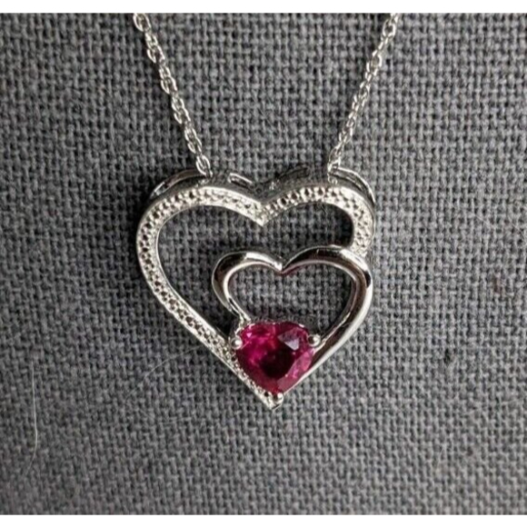 Created Ruby Double Heart Diamond Acc. Pendant 18" Sterling Silver Necklace NWT - Picture 2 of 8